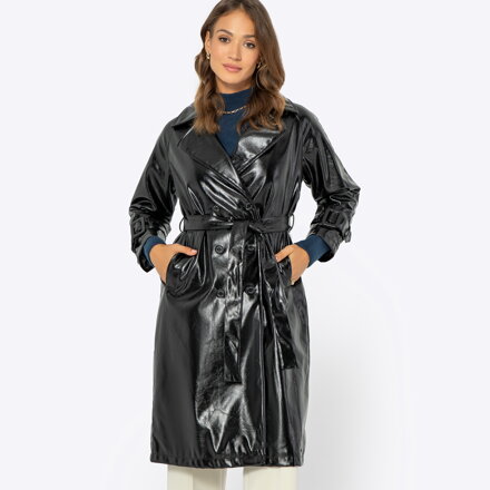 Damski płaszcz z ekoskóry dwurzędowy czarno -  srebrny 99-9P-105-11