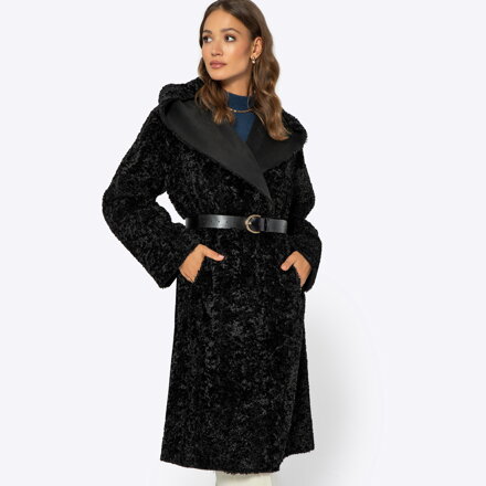 Damski płaszcz z kapturem dwurzędowy czarny 99-9W-002-1