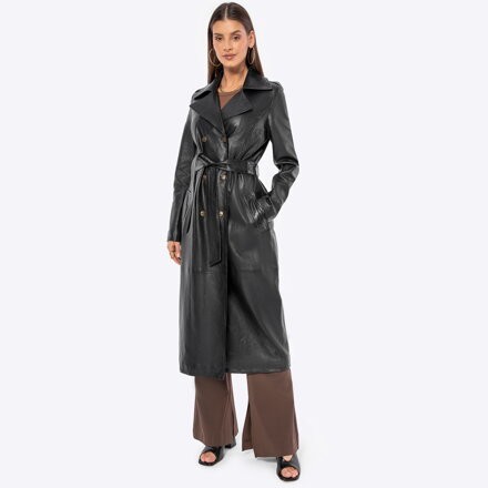 Damski płaszcz ze skóry owczej dwurzędowy czarny 100-09-407-1