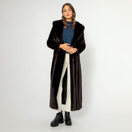 Damski płaszcz ze sztucznego futra klasyczny ciemny brąz 99-9W-902-5