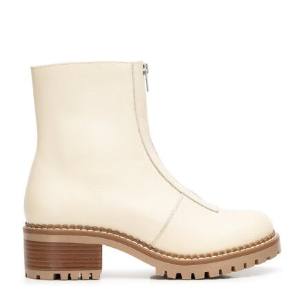 Damskie botki ze skóry naturalnej z suwakiem na przodzie kremowe 101-D-301-0
