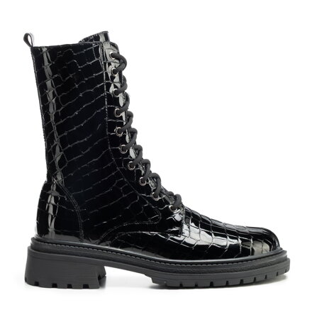 Damskie glany z lakierowanej skóry croco czarne 101-D-970-1