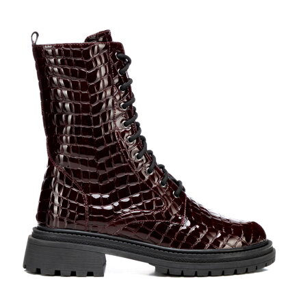 Damskie glany z lakierowanej skóry croco bordowe 101-D-970-3