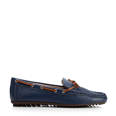 Damskie mokasyny ze skóry z rzemykiem granatowo - brązowe 100-D-503-N