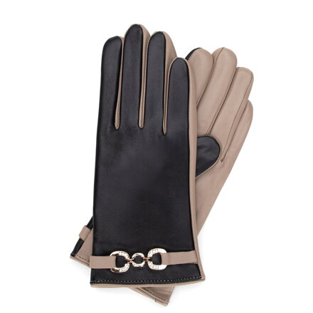 Damskie rękawiczki ocieplane z dekoracyjnym paskiem czarno - beżowe 39-6L-036-19