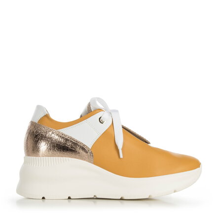 Damskie sneakersy skórzane z błyszczącymi wstawkami koniak 95-D-653-Y