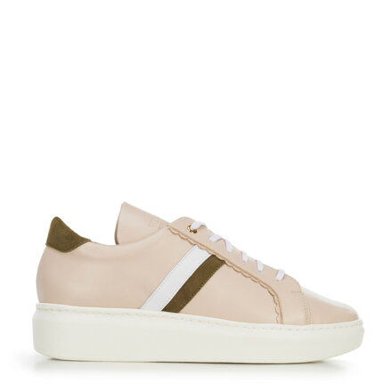 Damskie sneakersy skórzane z falbanką beżowe 94-D-800-9