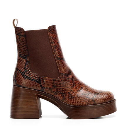 Damskie sztyblety ze skóry naturalnej we wzór węża brązowe 101-D-304-X
