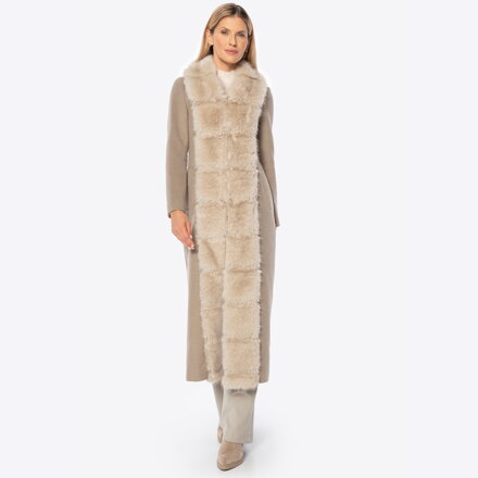 Długi damski płaszcz z wełny i sztucznego futra beżowy 101-9W-502-9