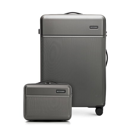 Duża walizka i kosmetyczka z ABS-u z pionowymi paskami szare 56-3A-803-01K