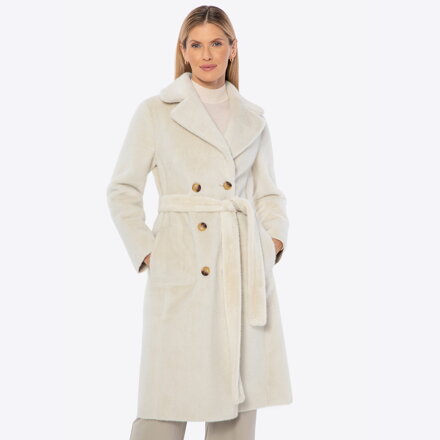 Dwustronny damski płaszcz z wiązaniem kremowy 101-9W-000-0