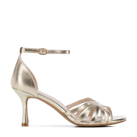 Dámske kožené sandále na ihličkovom podpätku elegantné zlaté 102-D-500-G