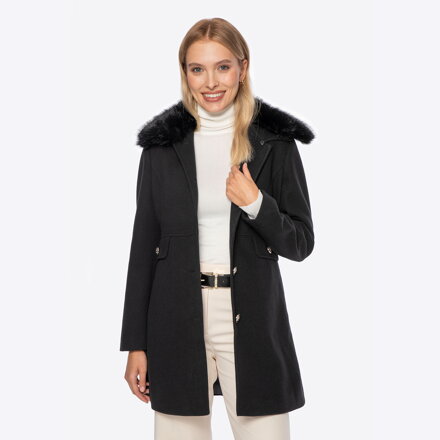 Krótki płaszcz damski z futerkowym kołnierzem czarny 101-9X-302-1