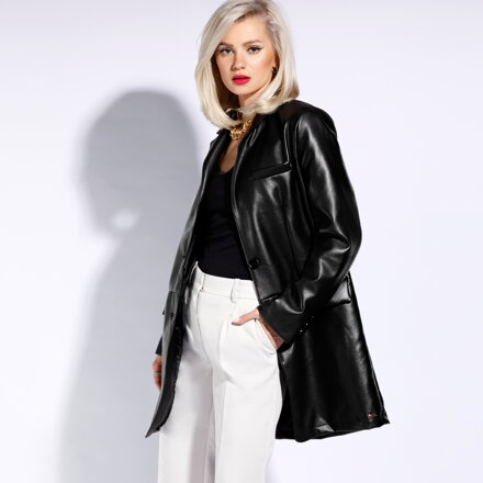 Damska marynarka z ekoskóry długa czarna 96-9P-106-1