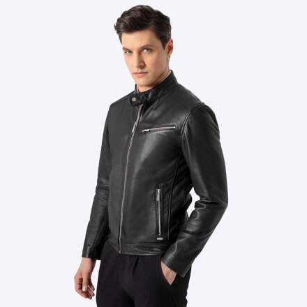 Męska kurtka ze skóry owczej z kieszeniami czarna 100-09-950-1