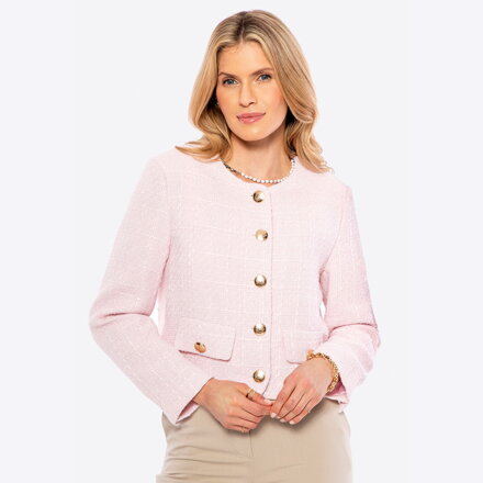 Damska marynarka z tkaniny boucle krótka różowa 100-9X-501-P