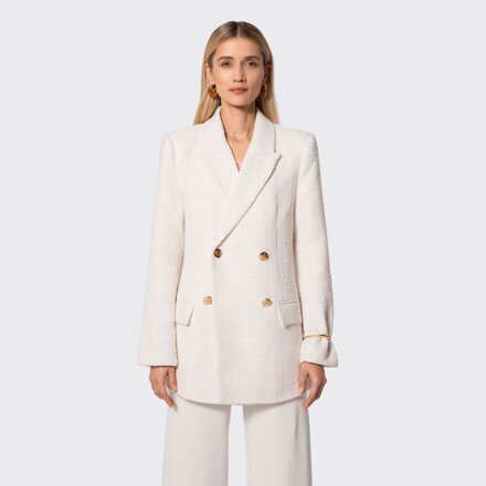 Damska marynarka z tkaniny boucle długa beżowa 100-9X-502-9