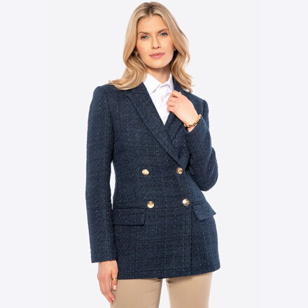 Damska marynarka z tkaniny boucle długa granatowa 100-9X-502-N