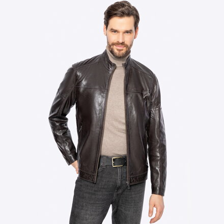 Męska kurtka biker ze skóry naturalnej ciemny brąz 100-09-807-4