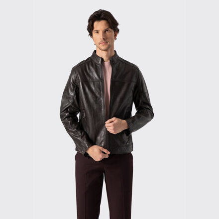 Męska kurtka biker ze skóry naturalnej ciemny brąz 100-09-807-4
