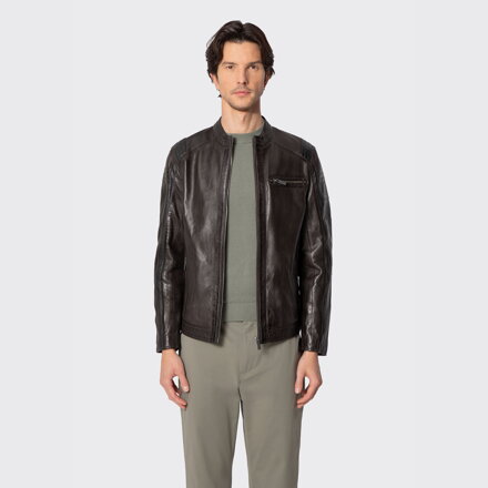 Męska kurtka biker ze skóry owczej ciemny brąz 100-09-809-4