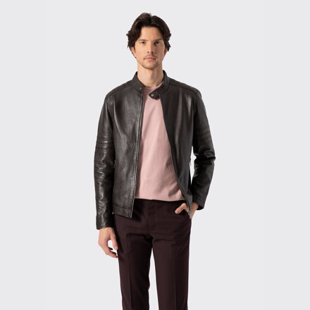 Męska kurtka biker ze skóry z przeszyciami ciemny brąz 100-09-808-4