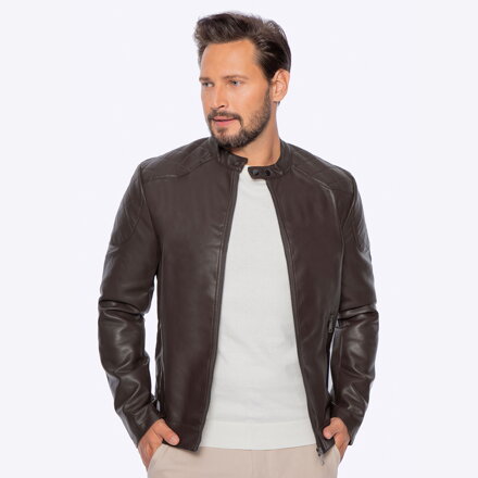 Męska kurtka z ekoskóry z pikowaniem na ramionach ciemny brąz 97-9P-155-4
