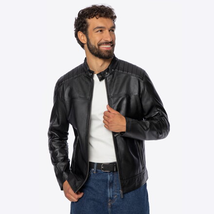 Męska kurtka ze skóry naturalnej ze stójką czarna 101-09-852-1