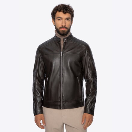 Męska kurtka ze skóry naturalnej ze stójką ciemny brąz 101-09-852-4