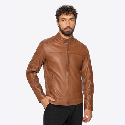 Męska kurtka ze skóry naturalnej ze stójką jasny brąz 101-09-852-5