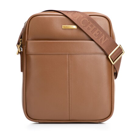Pánska kožená crossbody taška s dekoratívnym prešívaním svetlohnedá 102-4U-605-5