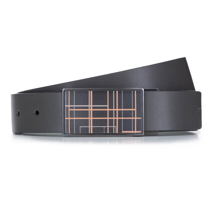 Męski pasek skórzany z klamrą w paski dwustronny szaro-czarny 92-8M-352-18