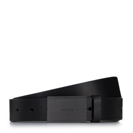 Męski pasek skórzany z pełną klamrą tłoczoną w paski czarny 97-8M-910-1