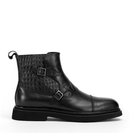 Męskie sztyblety skórzane ze wstawkami croco czarne 99-M-508-1