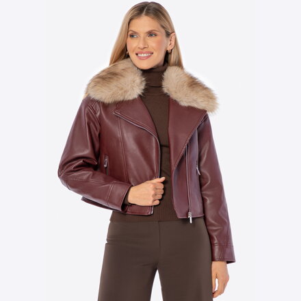 Ocieplana damska ramoneska z futrzanym kołnierzem bordowa 102-9P-300-3