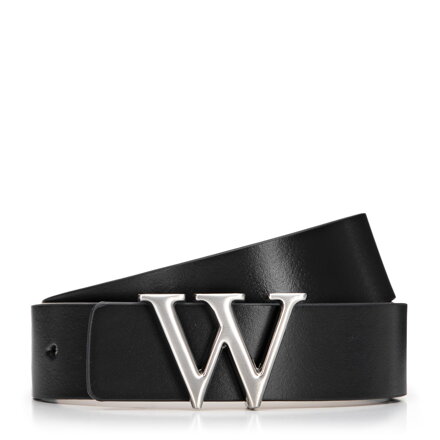 Skórzany pasek z literą „W” na klamrze granatowo - beżowy 99-8D-129-7