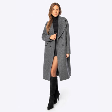 Damski płaszcz dwurzędowy z wełny i domieszką kaszmiru szary 101-9W-702-0