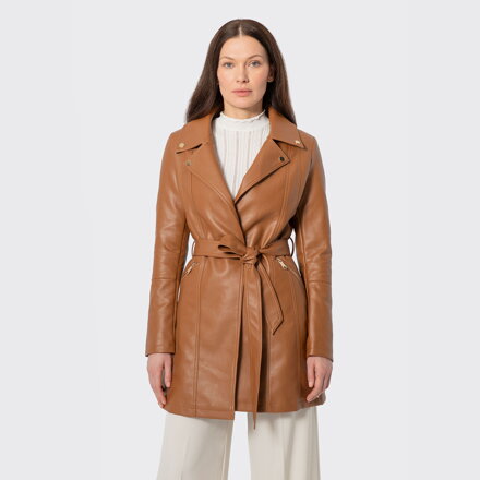 Damski płaszcz z imitacji skóry brązowy 100-9P-101-4