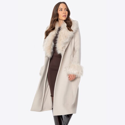 Płaszcz damski z wełną i futrzanymi elementami kremowy 101-9W-500-0