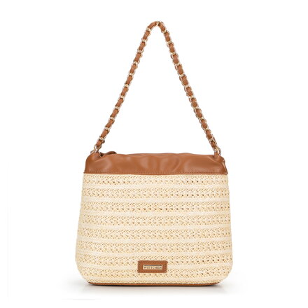 Pleciona torebka crossbody z łańcuszkami beżowo - brązowa 100-4Y-427-95