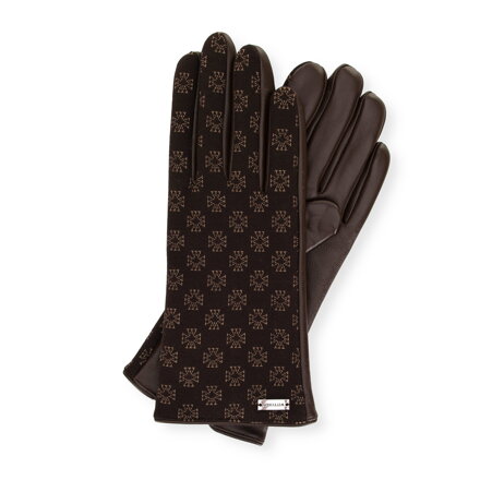 Damskie rękawiczki skórzane z monogramem brązowe 39-6A-021-4