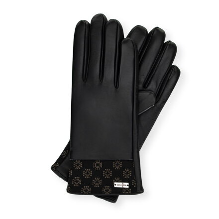 Damskie rękawiczki skórzane z monogramem na brzegu czarne 39-6A-023-1