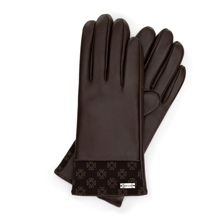 Damskie rękawiczki skórzane z monogramem na brzegu brązowe 39-6A-023-4