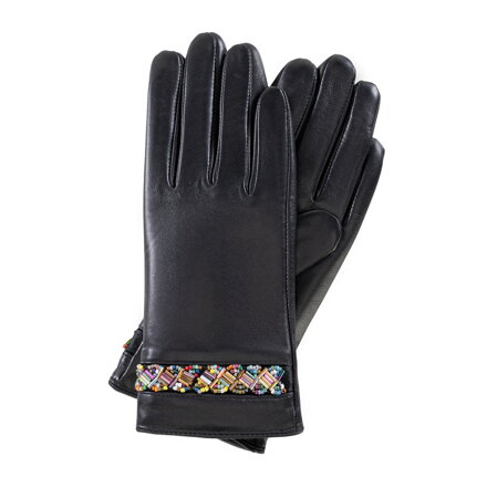 Damskie rękawiczki ze skóry z koralikami czarne 39-6L-968-1