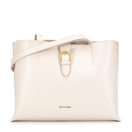 Skórzana shopperka z dekoracyjnym zapięciem kremowa 101-4E-600-9