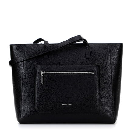 Skórzana torba shopper z kieszeniami na froncie czarna ze srebrnym logo 100-4E-620-1S