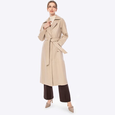 Skórzany damski płaszcz z paskiem kremowy 100-09-803-0