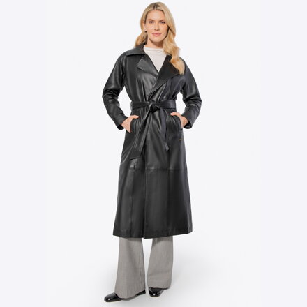 Skórzany damski płaszcz z paskiem czarny 100-09-803-1