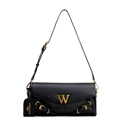 Torebka bagietka ze skóry naturalnej z ozdobnymi paskami czarna 101-4E-211-1