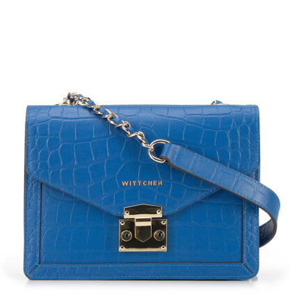 Damska listonoszka ze skóry croco z trójkątną klapą niebieska 95-4E-660-7